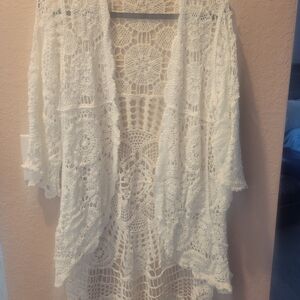 Nina Leonard White Crochet Lace Open-Front Kimono